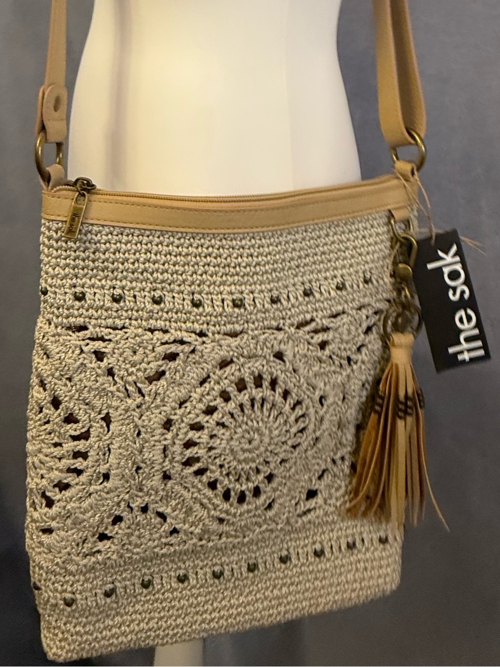 The Sak Beige Crochet Crossbody with Tan Leather Trim & Tassel
